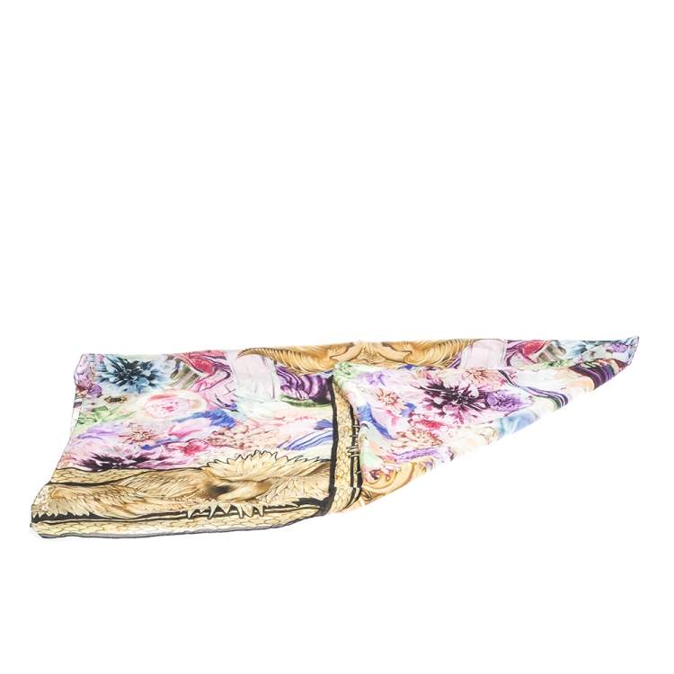 Pre Owned Roberto Cavalli Multicolor Eagle & Floral Print Silk Scarf