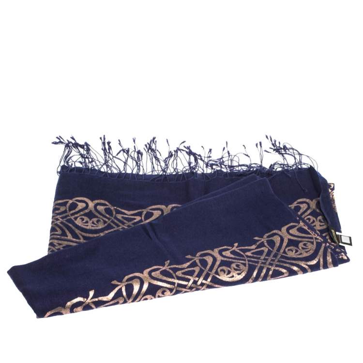 Pre Owned Roberto Cavalli Navy Blue Oriental Foil Print Cashmere Blend Shawl 