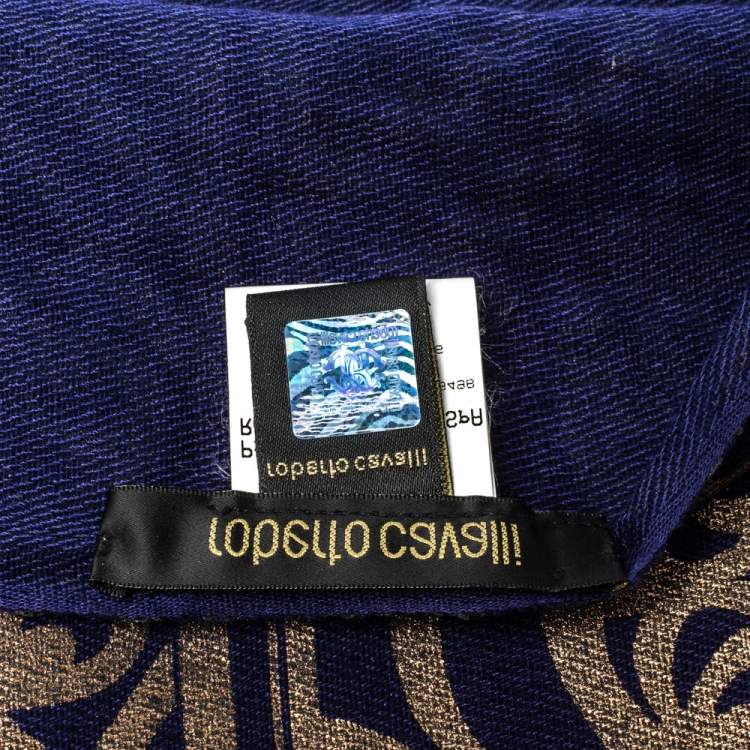 Pre Owned Roberto Cavalli Navy Blue Oriental Foil Print Cashmere Blend Shawl 