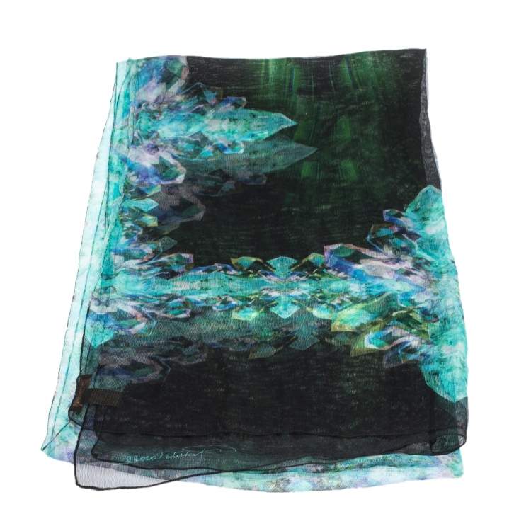 Pre Owned Roberto Cavalli Green Floral Printed Silk Tulle Stole