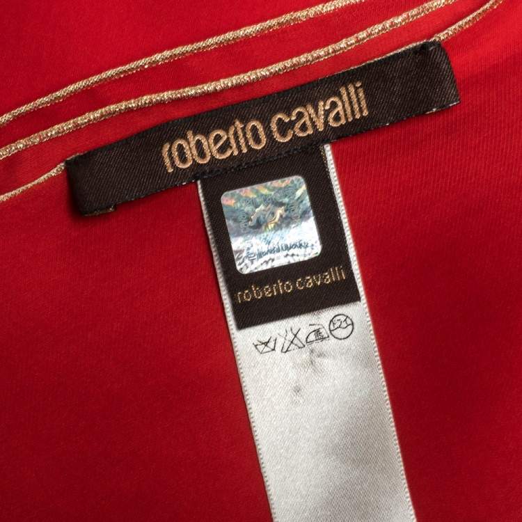 Pre Owned Roberto Cavalli Red & Gold Lurex Trim Silk Scarf