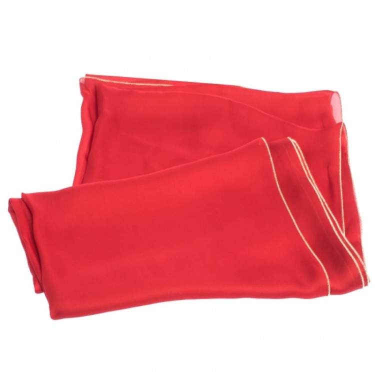 Pre Owned Roberto Cavalli Red & Gold Lurex Trim Silk Scarf