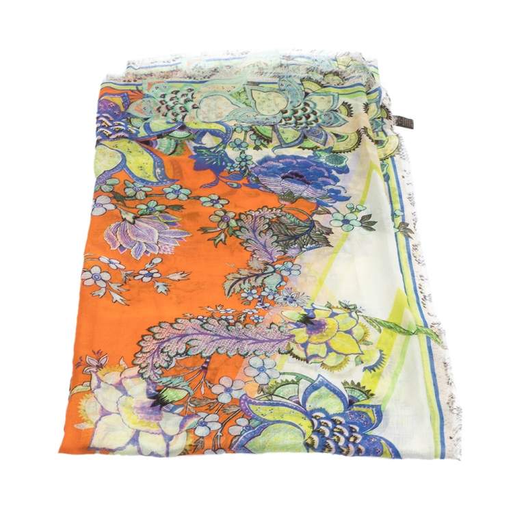 Pre Owned Roberto Cavalli Orange Floral Printed Modal Scarf 