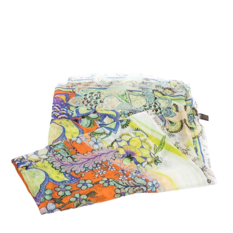 Pre Owned Roberto Cavalli Orange Floral Printed Modal Scarf 