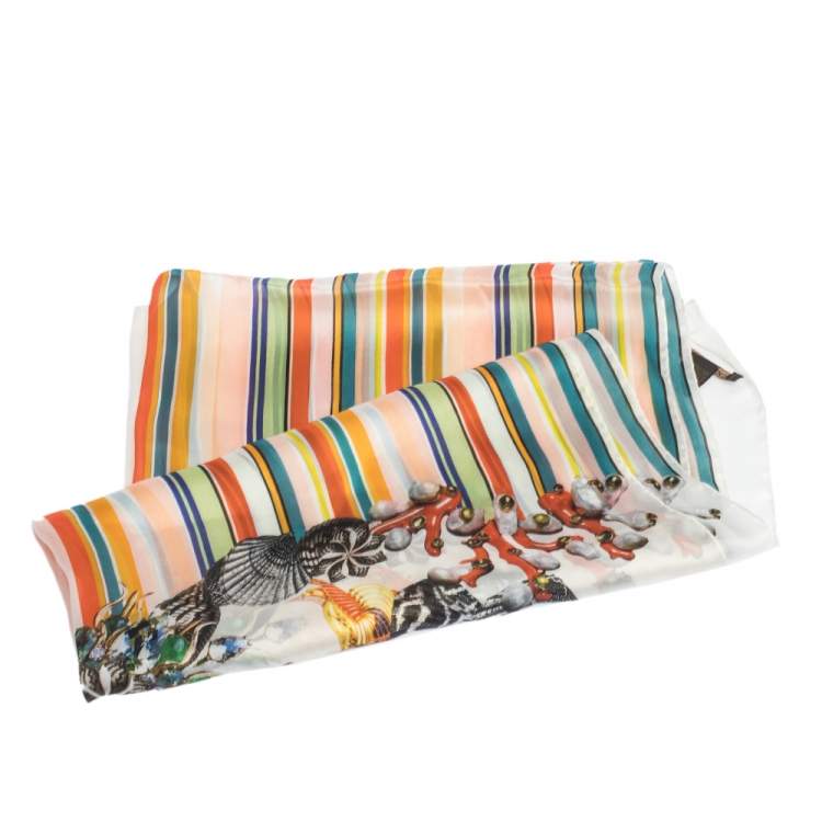 Pre Owned Roberto Cavalli Multicolor Striped Oriental Print Silk Scarf
