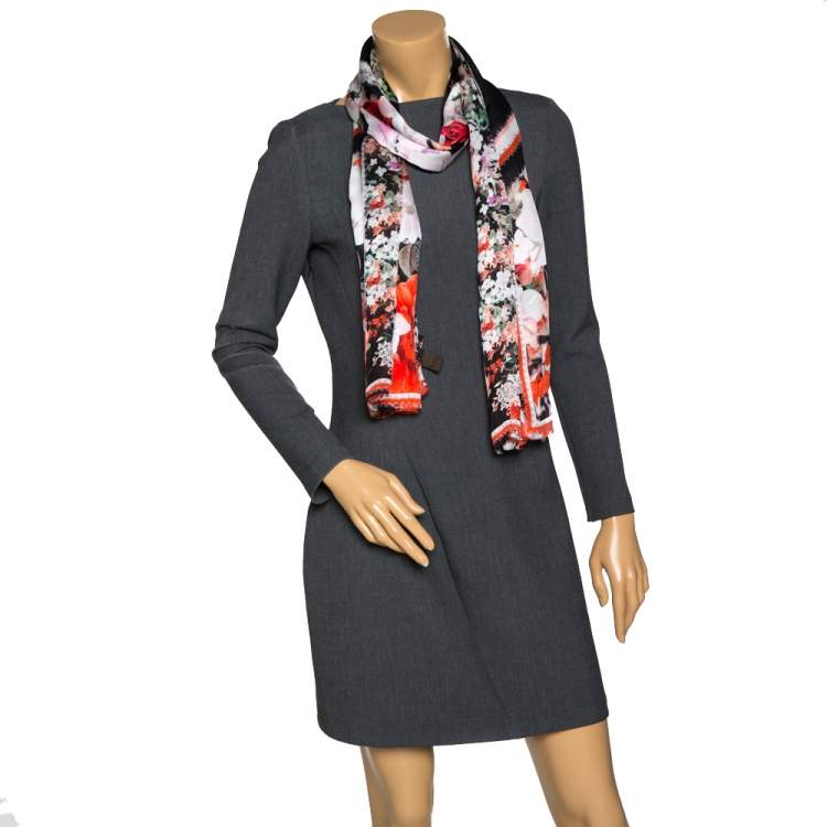 Pre Owned Roberto Cavalli Coral & Black Floral Printed Silk Scarf 