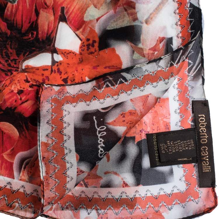 Pre Owned Roberto Cavalli Coral & Black Floral Printed Silk Scarf 