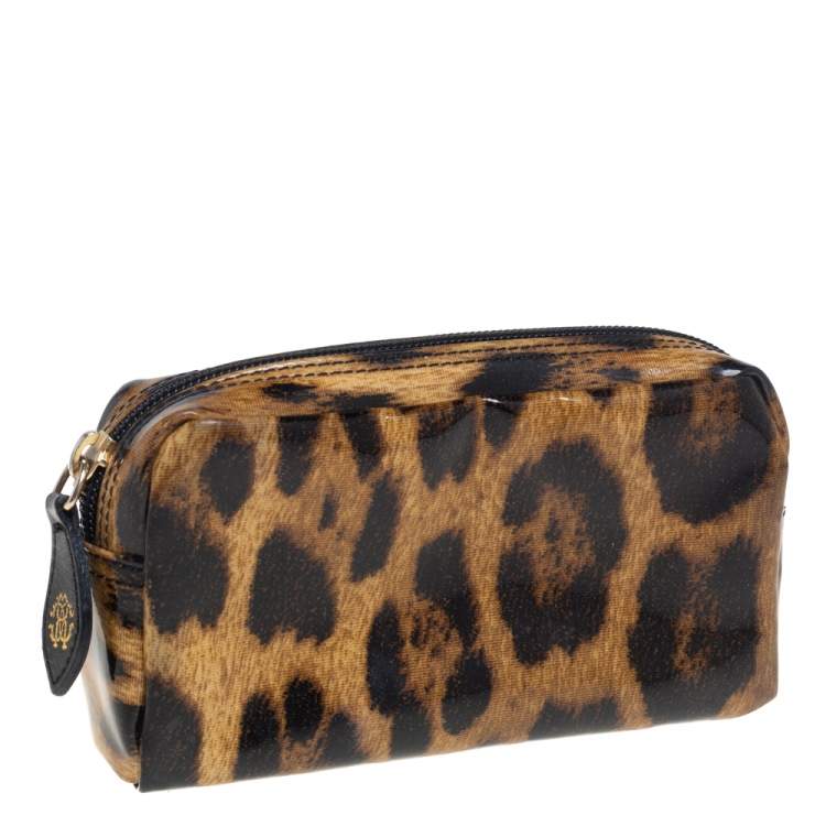 Pre Owned Roberto Cavalli Beige/Brown Leopard Print Patent Leather Cosmetic Pouch