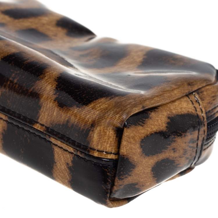 Pre Owned Roberto Cavalli Beige/Brown Leopard Print Patent Leather Cosmetic Pouch