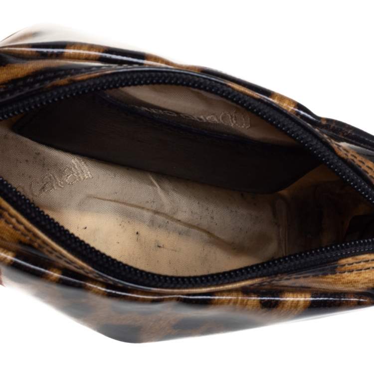Pre Owned Roberto Cavalli Beige/Brown Leopard Print Patent Leather Cosmetic Pouch