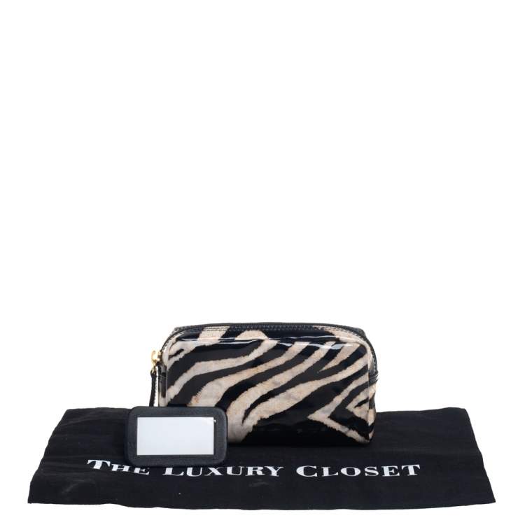 Pre Owned Roberto Cavalli  Black/Beige Zebra Print Patent Leather Cosmetic Pouch