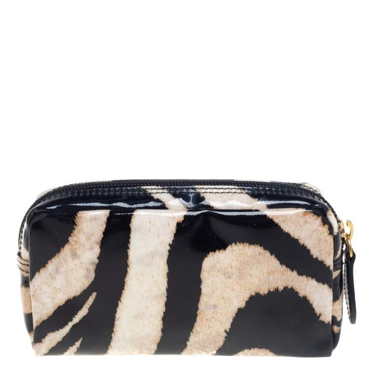 Pre Owned Roberto Cavalli  Black/Beige Zebra Print Patent Leather Cosmetic Pouch