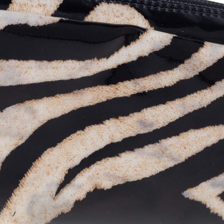 Pre Owned Roberto Cavalli  Black/Beige Zebra Print Patent Leather Cosmetic Pouch