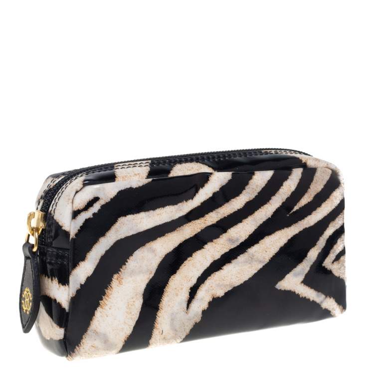 Pre Owned Roberto Cavalli  Black/Beige Zebra Print Patent Leather Cosmetic Pouch