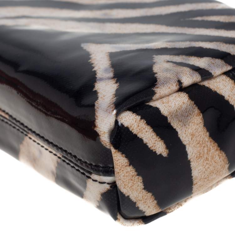 Pre Owned Roberto Cavalli  Black/Beige Zebra Print Patent Leather Cosmetic Pouch