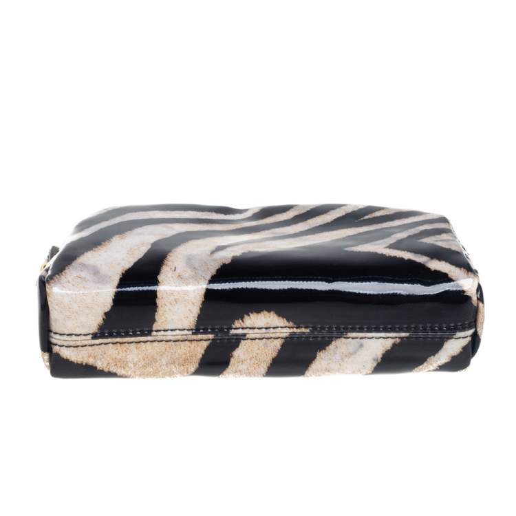 Pre Owned Roberto Cavalli  Black/Beige Zebra Print Patent Leather Cosmetic Pouch