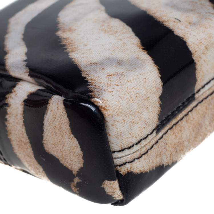 Pre Owned Roberto Cavalli  Black/Beige Zebra Print Patent Leather Cosmetic Pouch