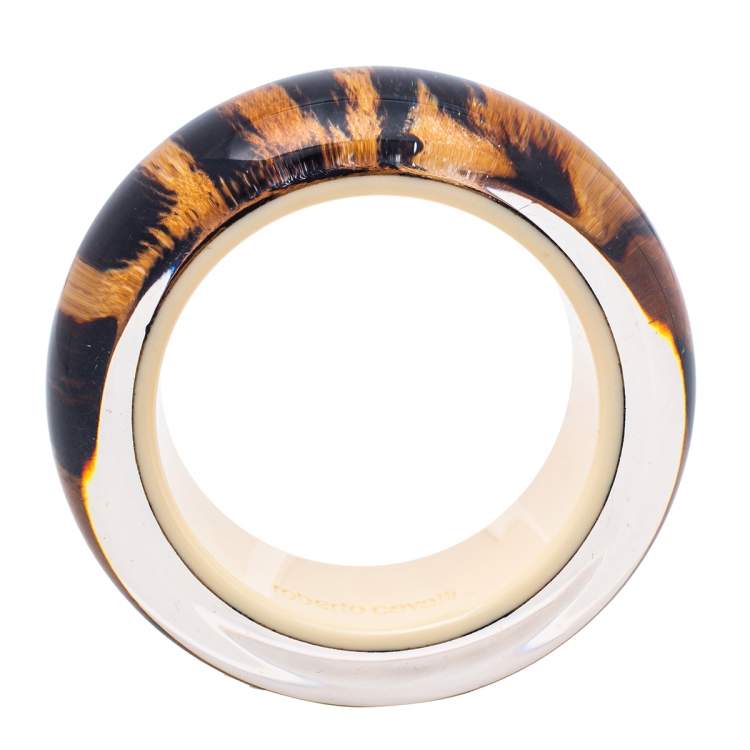 Pre Owned Roberto Cavalli Beige/Black Resin Leopard Print Wide Bangle Bracelet