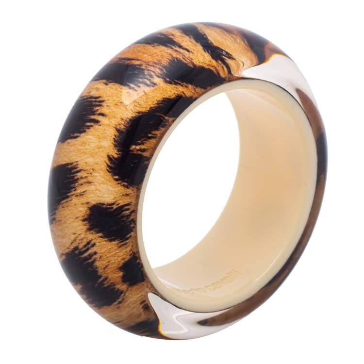 Pre Owned Roberto Cavalli Beige/Black Resin Leopard Print Wide Bangle Bracelet