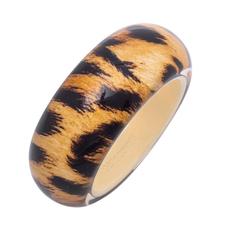 Pre Owned Roberto Cavalli Beige/Black Resin Leopard Print Wide Bangle Bracelet