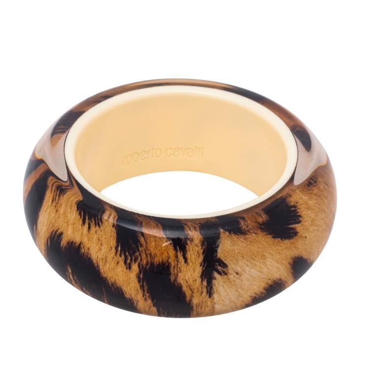 Pre Owned Roberto Cavalli Beige/Black Resin Leopard Print Wide Bangle Bracelet