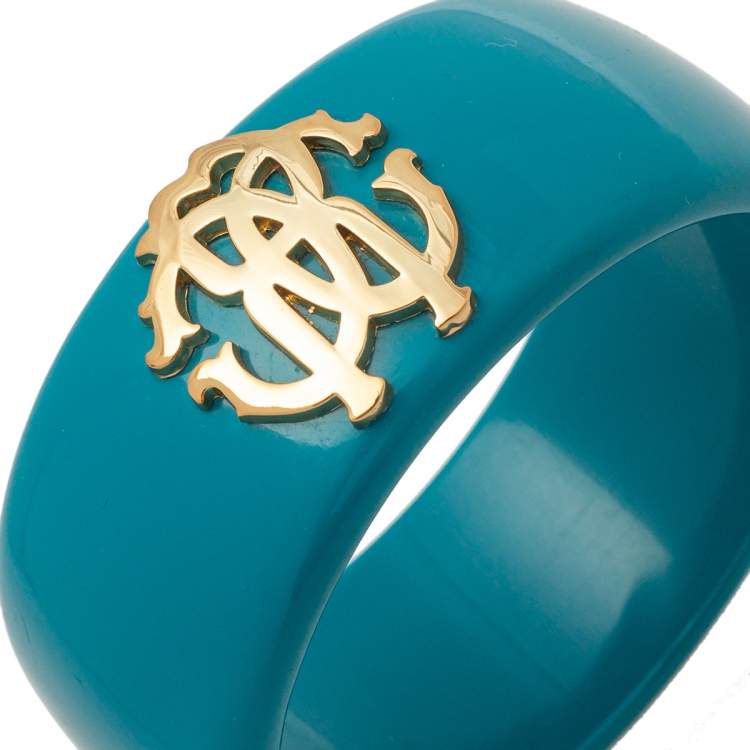 Pre Owned Roberto Cavalli Teal Blue Logo Wide Bangle Bracelet