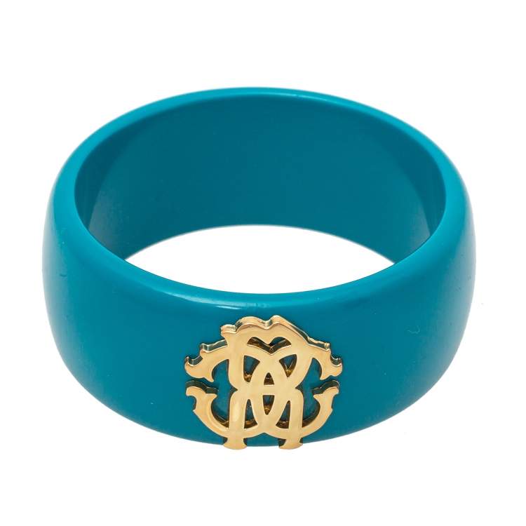 Pre Owned Roberto Cavalli Teal Blue Logo Wide Bangle Bracelet