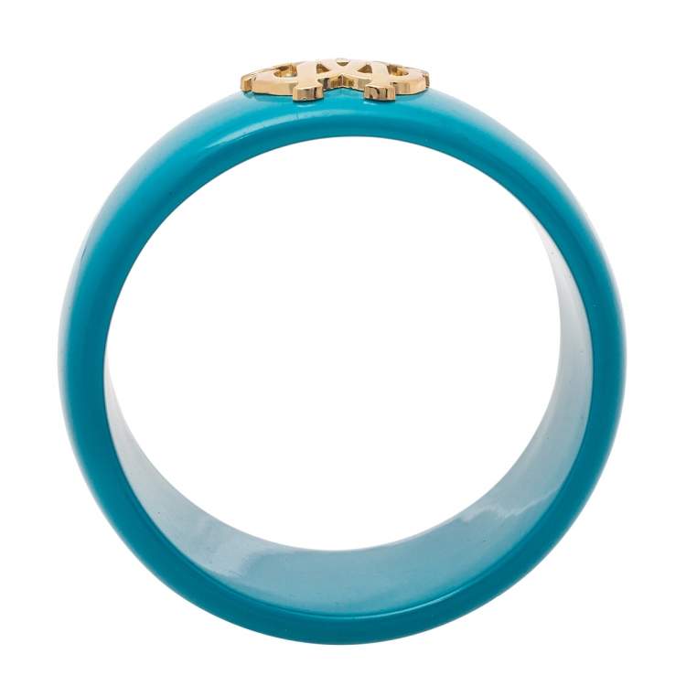 Pre Owned Roberto Cavalli Teal Blue Logo Wide Bangle Bracelet