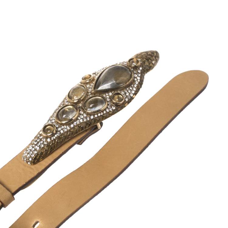 مملوكة مسبقًا Roberto Cavalli Light Brown Leather Snake Head Crystal Embellished Buckle Waist Belt 80CM