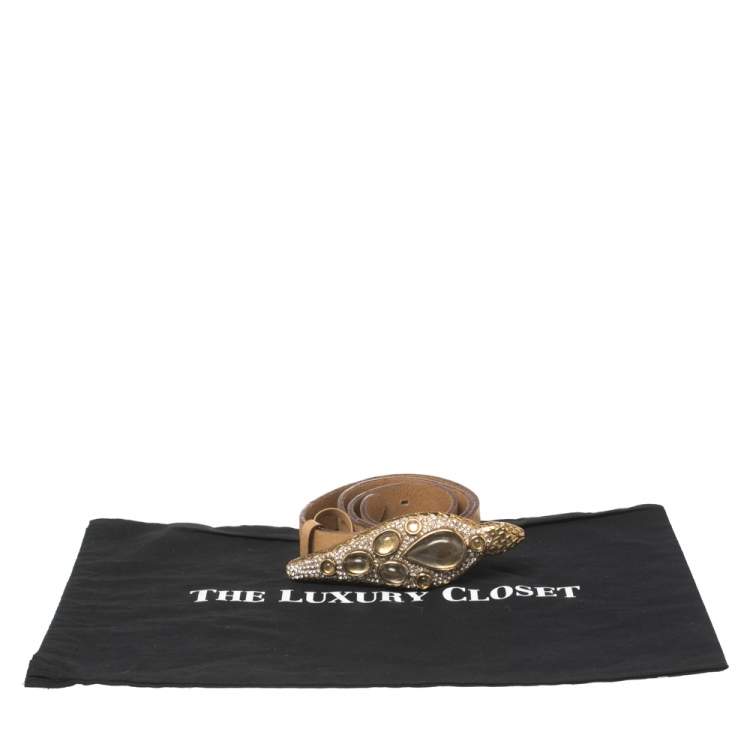مملوكة مسبقًا Roberto Cavalli Light Brown Leather Snake Head Crystal Embellished Buckle Waist Belt 80CM