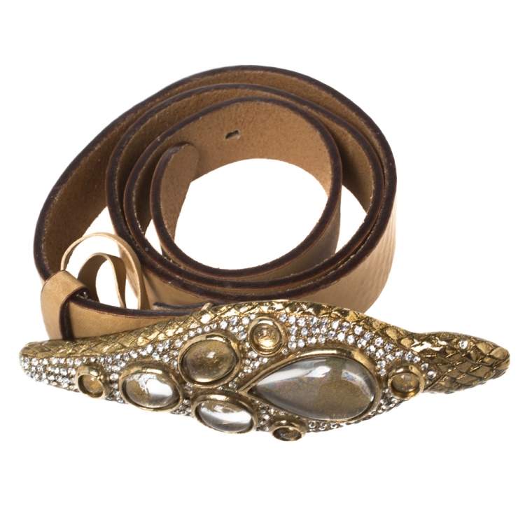 مملوكة مسبقًا Roberto Cavalli Light Brown Leather Snake Head Crystal Embellished Buckle Waist Belt 80CM
