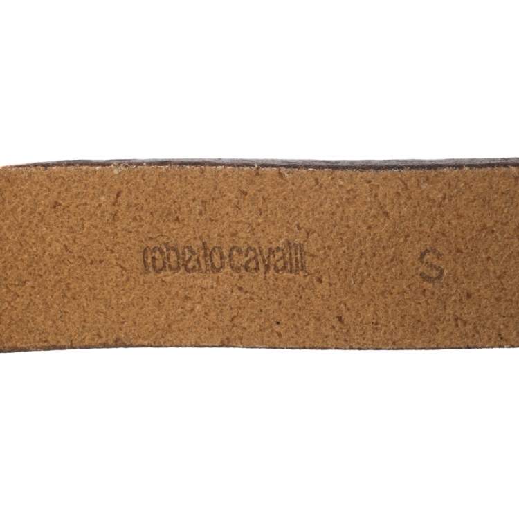 مملوكة مسبقًا Roberto Cavalli Light Brown Leather Snake Head Crystal Embellished Buckle Waist Belt 80CM