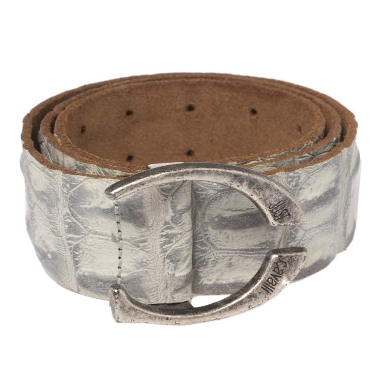 Pre Owned Roberto Cavalli Grey/White Croc Embossed Leather Buckle Belt 85CM