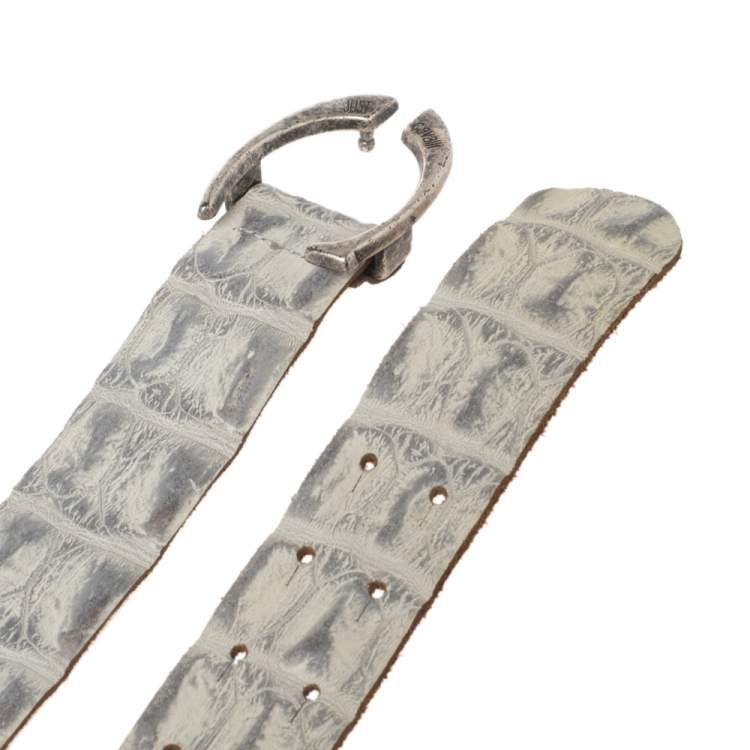 Pre Owned Roberto Cavalli Grey/White Croc Embossed Leather Buckle Belt 85CM