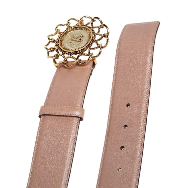 Pre Owned Roberto Cavalli Metallic Beige Leather MOP Chain Buckle Belt 95CM