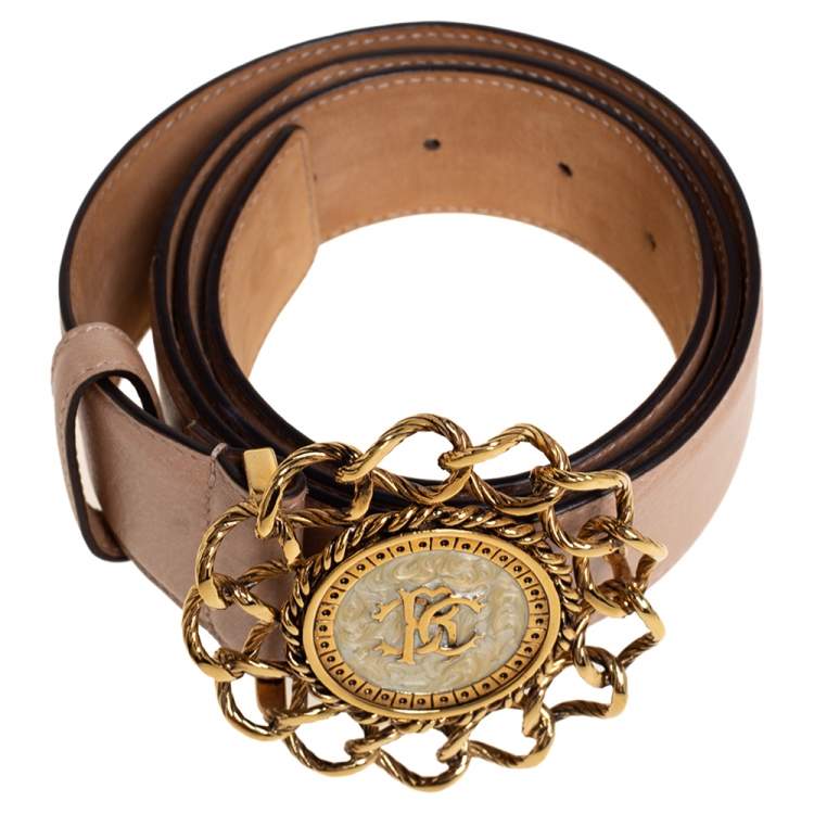 Pre Owned Roberto Cavalli Metallic Beige Leather MOP Chain Buckle Belt 95CM