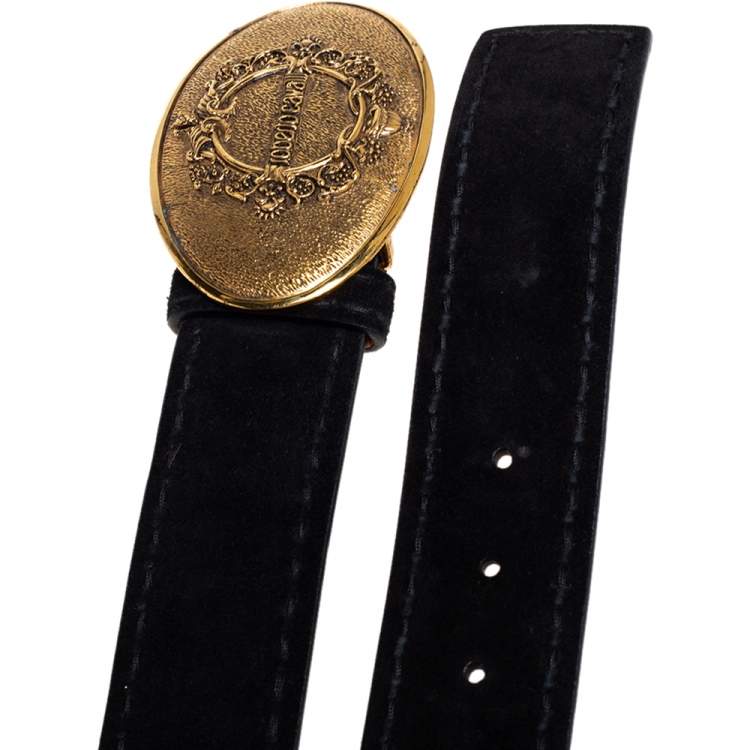 Pre Owned Roberto Cavalli Black Suede Plaque Buckle Belt 85CM
