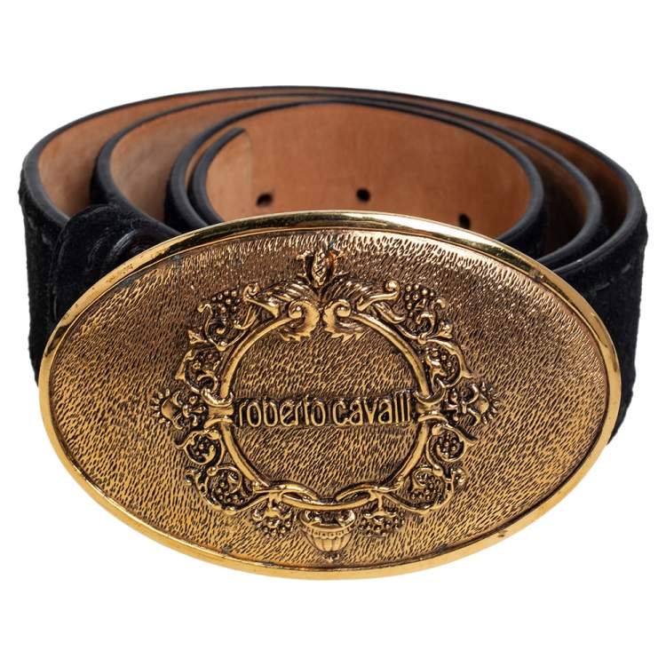 Pre Owned Roberto Cavalli Black Suede Plaque Buckle Belt 85CM