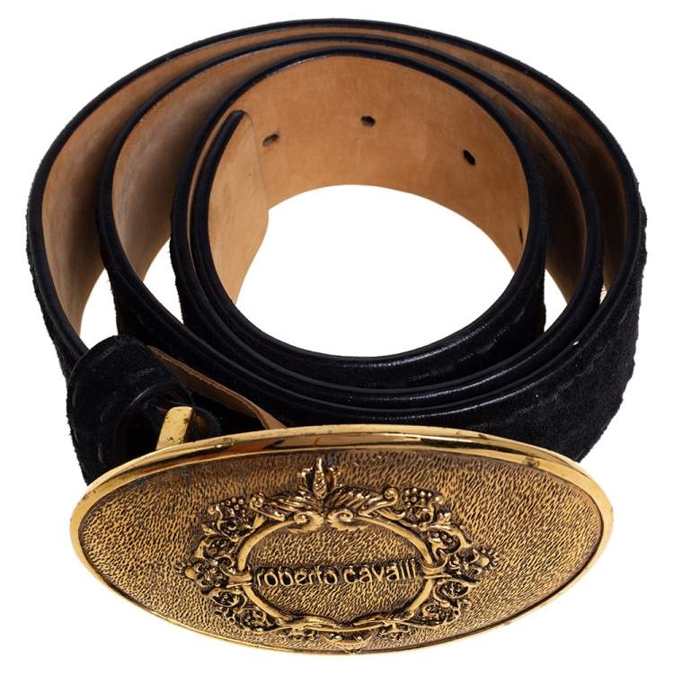 Pre Owned Roberto Cavalli Black Suede Plaque Buckle Belt 85CM