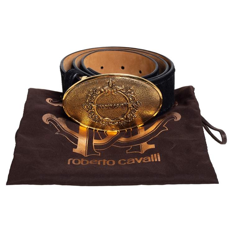 Pre Owned Roberto Cavalli Black Suede Plaque Buckle Belt 85CM