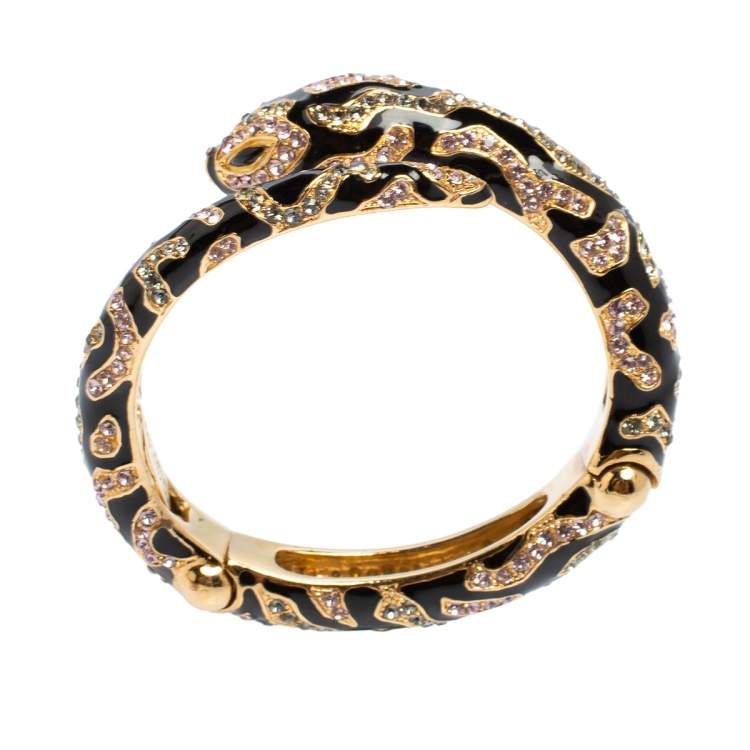 Pre Owned Roberto Cavalli Snake Head Crystal Enamel Gold Tone Open Cuff Bracelet