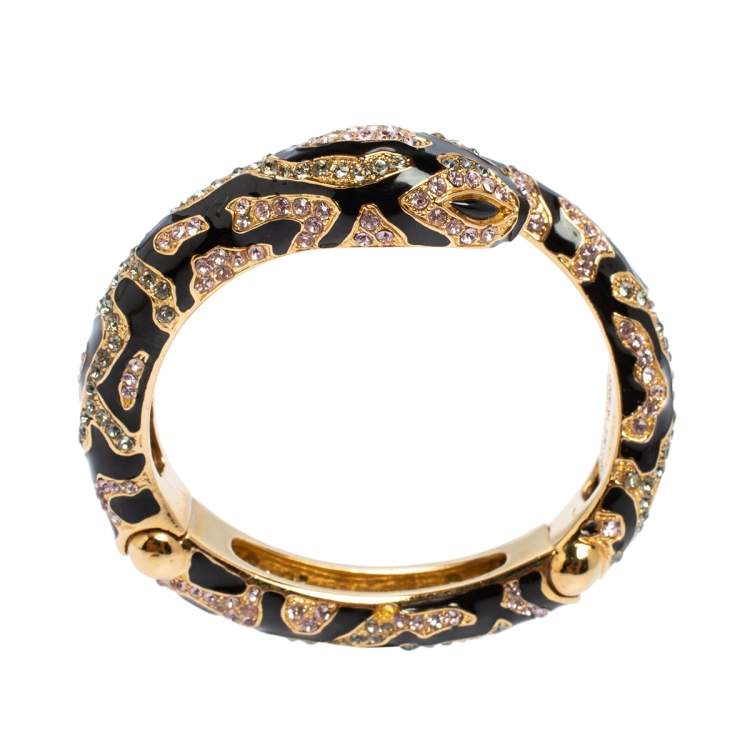 Pre Owned Roberto Cavalli Snake Head Crystal Enamel Gold Tone Open Cuff Bracelet