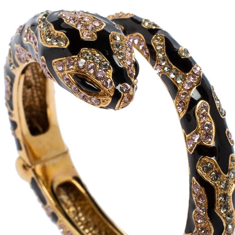 Pre Owned Roberto Cavalli Snake Head Crystal Enamel Gold Tone Open Cuff Bracelet