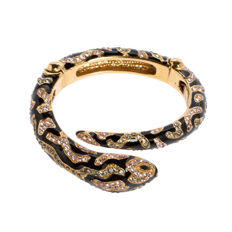 Pre Owned Roberto Cavalli Snake Head Crystal Enamel Gold Tone Open Cuff Bracelet
