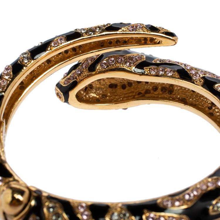 Pre Owned Roberto Cavalli Snake Head Crystal Enamel Gold Tone Open Cuff Bracelet