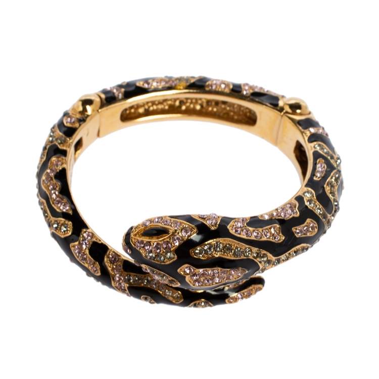 Pre Owned Roberto Cavalli Snake Head Crystal Enamel Gold Tone Open Cuff Bracelet