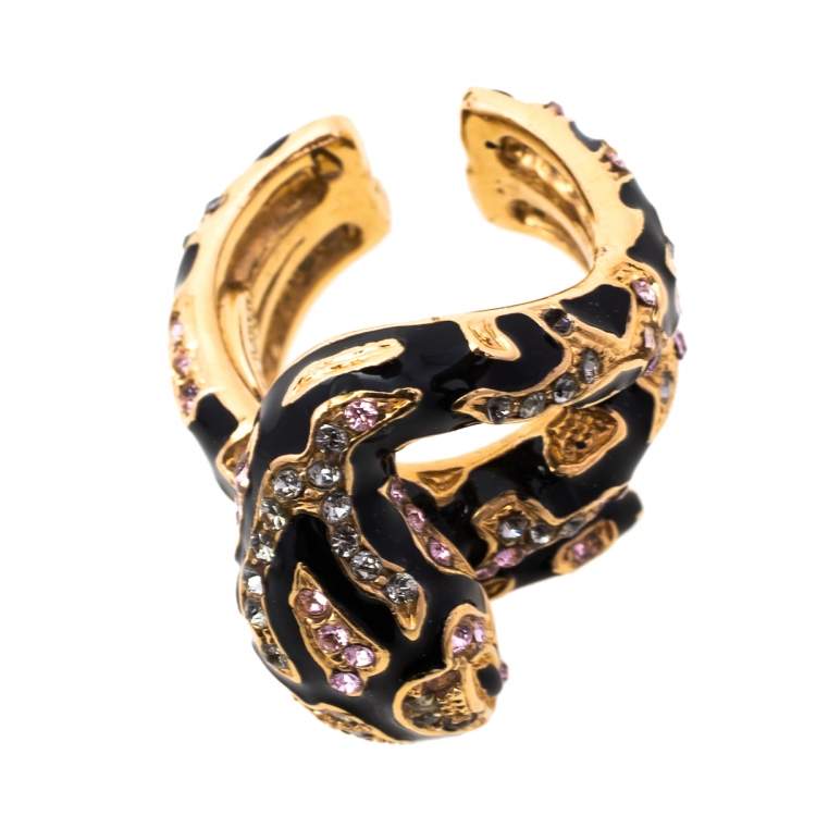 Pre Owned Roberto Cavalli Snake Head Crystal Enamel Gold Tone Adjustable Cocktail Ring Size 50.5