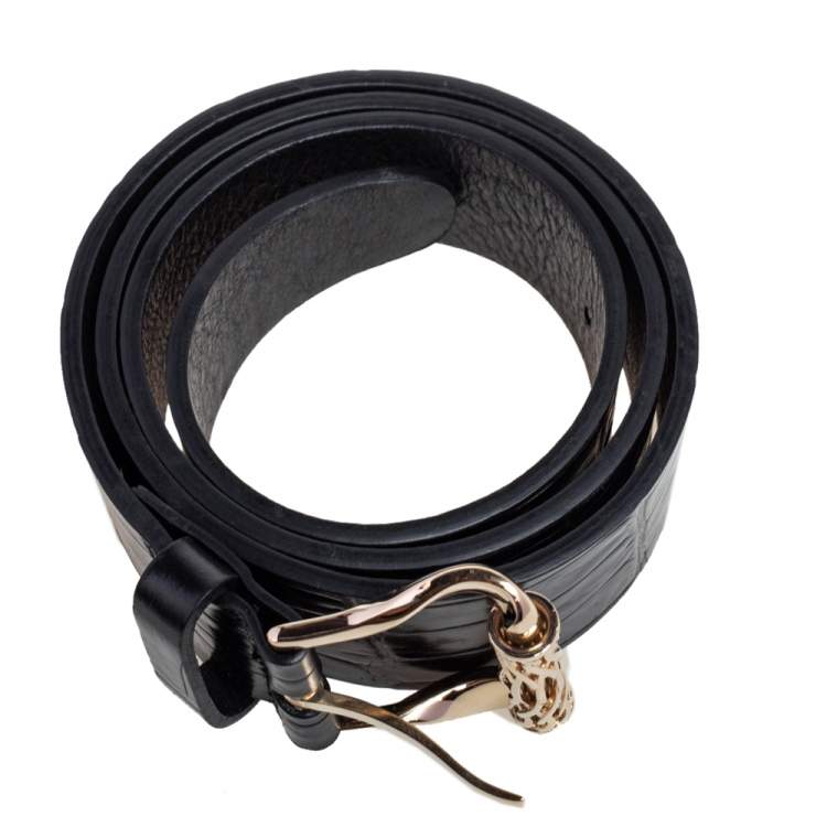 Pre Owned Roberto Cavalli Black Croc Embossed Leather Buckle Belt 105 CM