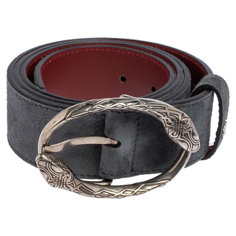 Pre Owned Roberto Cavalli Grey Suede Snake Buckle Belt 100 CM