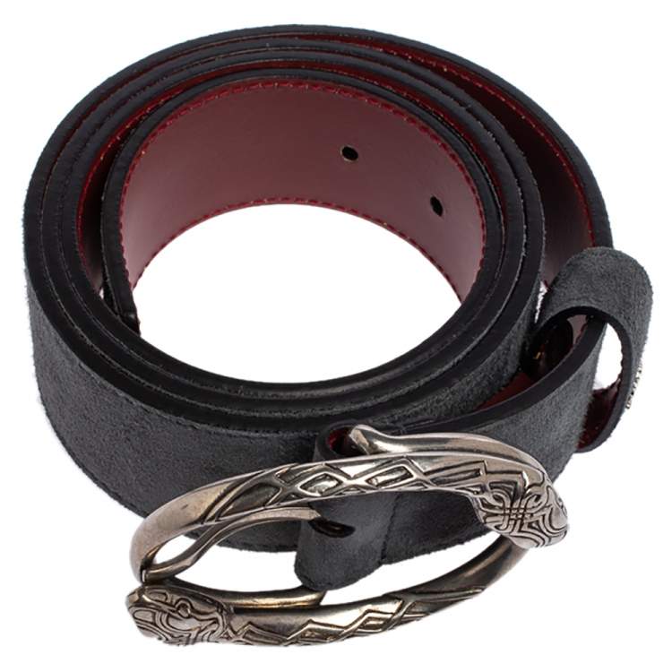 Pre Owned Roberto Cavalli Grey Suede Snake Buckle Belt 100 CM